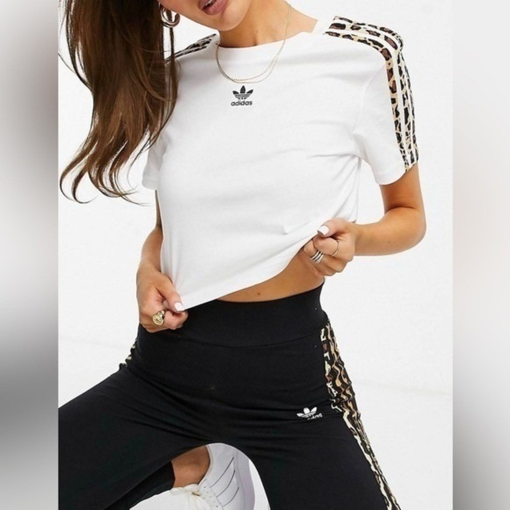 Adidas Originals Cropped Tee Leggings Set Leopard Print 3 Stripe White Black 2XS